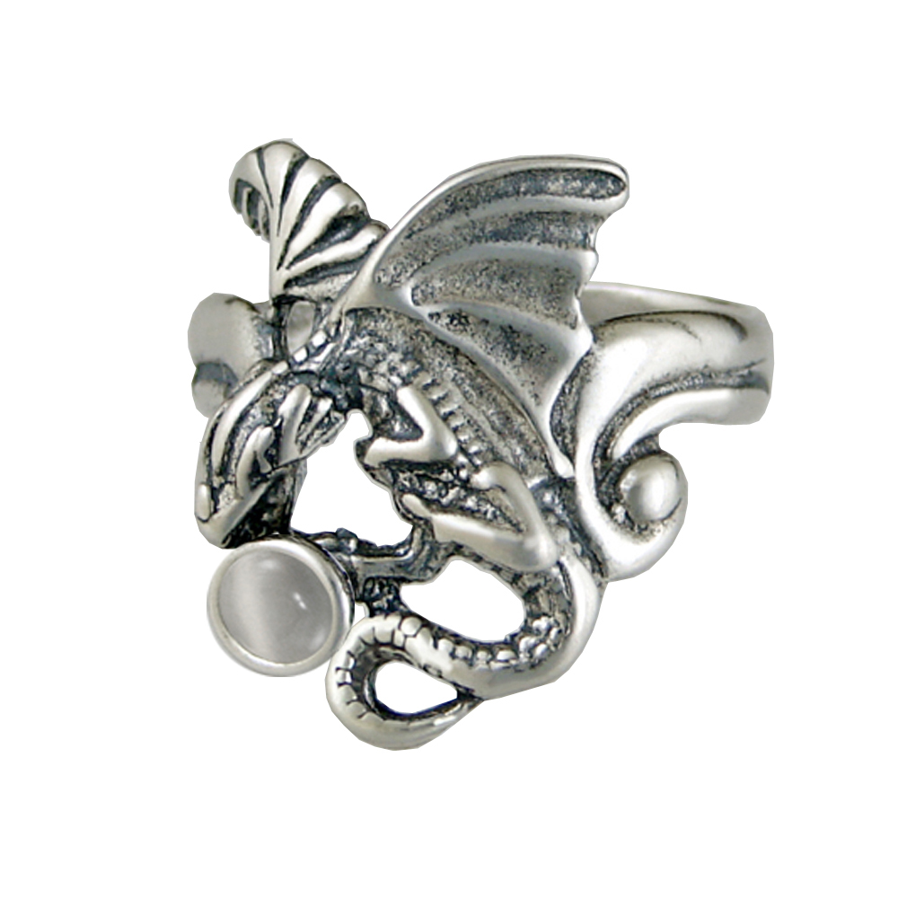 Sterling Silver Detailed Dragon Ring With White Moonstone Size 7